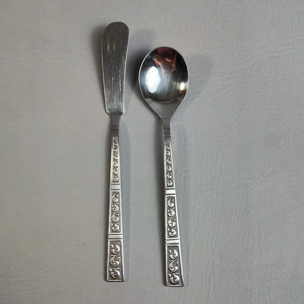 Vintage Riviera RIF4 Stainless Flatware Japan Set Of 43 Scroll Black Textured